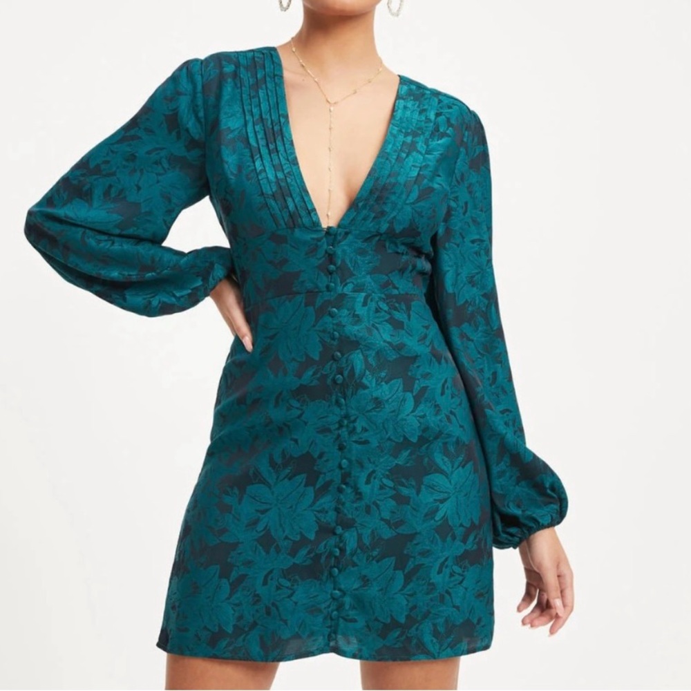 Fate Teal Floral V-Neck Long Sleeve Mini Dress